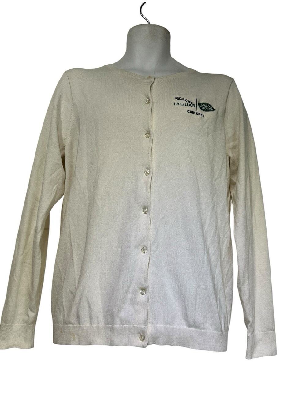 Lands' End Women's Medium Cream Cardigan Sweater Jaguar Land Rover Carlsbad Logo